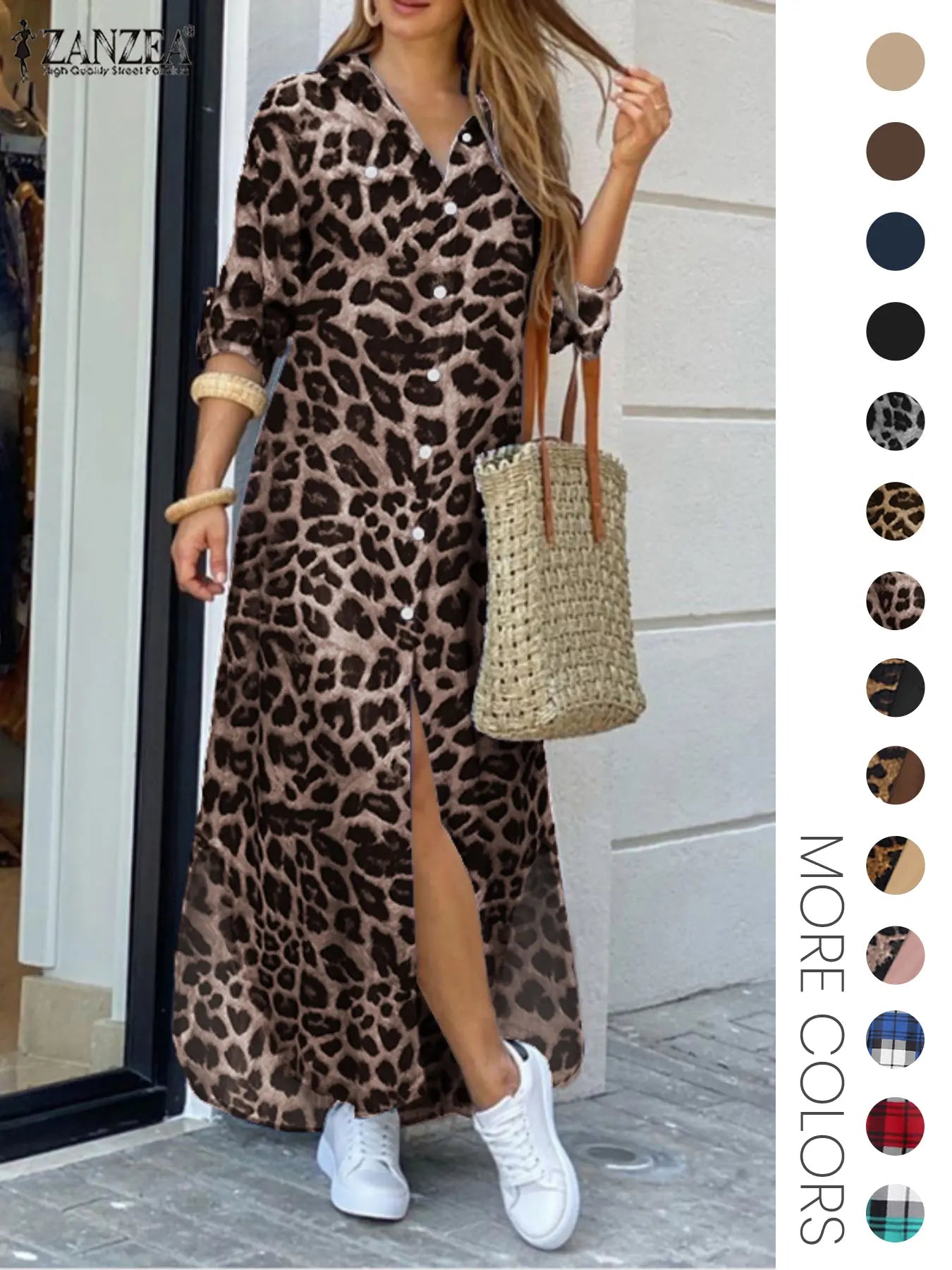 Robe chemise femme à imprimé léopard, boutonnée sur le devant avec poches à rabat, en tissu, décontractée, ourlet incurvé, manches longues, col chemise, longue, pour le quotidien, vêtements pour femmes toutes saisons
