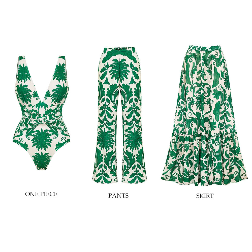 Maillot de Bain 1 Pièce Imprimé Vert Col V Noué à la Taille Gainant et Jupes ou Pantalons