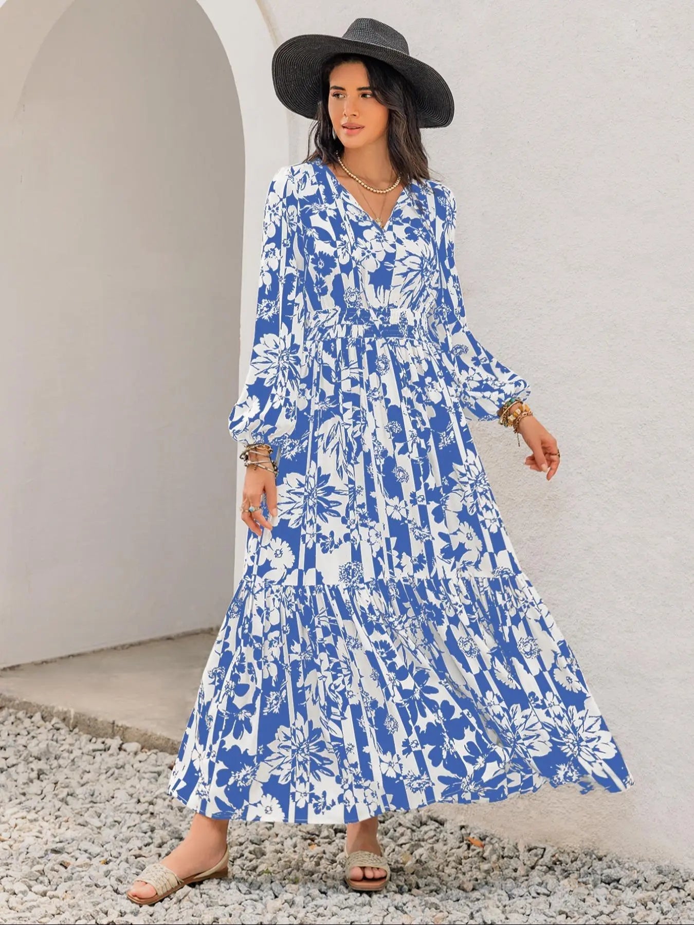 Robe bohème à imprimé floral pour femme, manches lanternes, taille ajustée à nouer, coupe ample confortable à manches longues pour l'automne et l'hiver