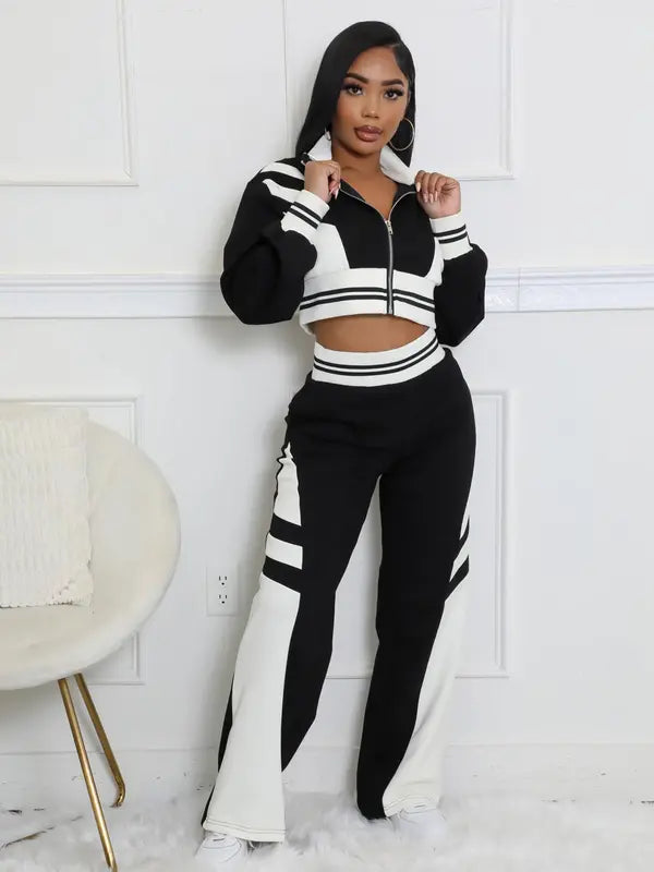 Ensemble deux pièces femme veste courte zippée à imprimé color block et pantalon, tenues décontractées, mode, confortables et respirantes pour le quotidien en extérieur, vêtements femme pour l'automne et l'hiver