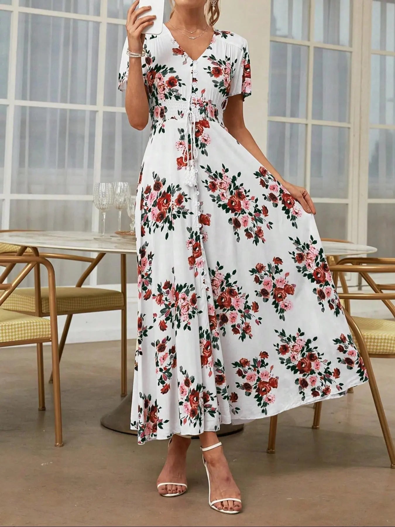 Robe boutonnée à imprimé floral pour femme, robe d'été à manches courtes de style bohème français, vêtements pour femme pour les vacances à la plage