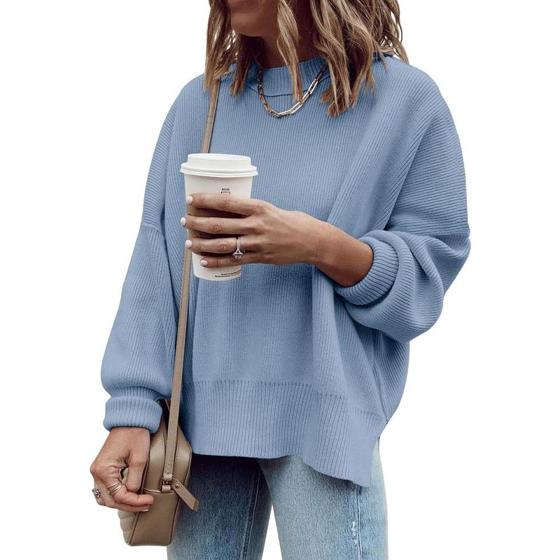 Pull Tunique Oversize Femme, Ample, Manches Longues, Tricot Côtelé, Fentes Latérales