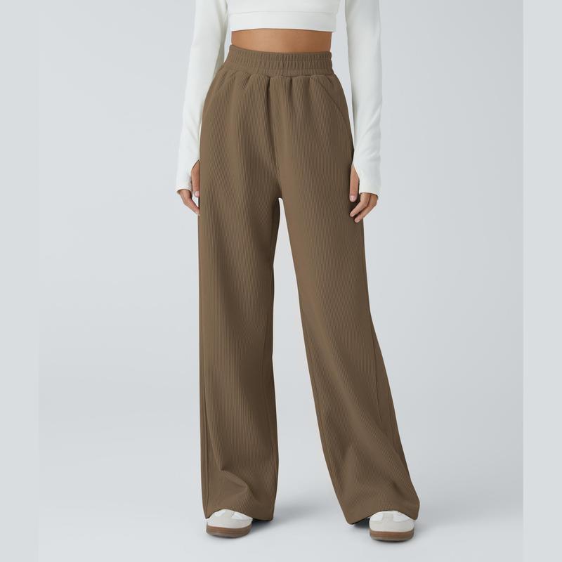Pantalon décontracté en velours côtelé, coupe droite, taille haute, avec poches latérales