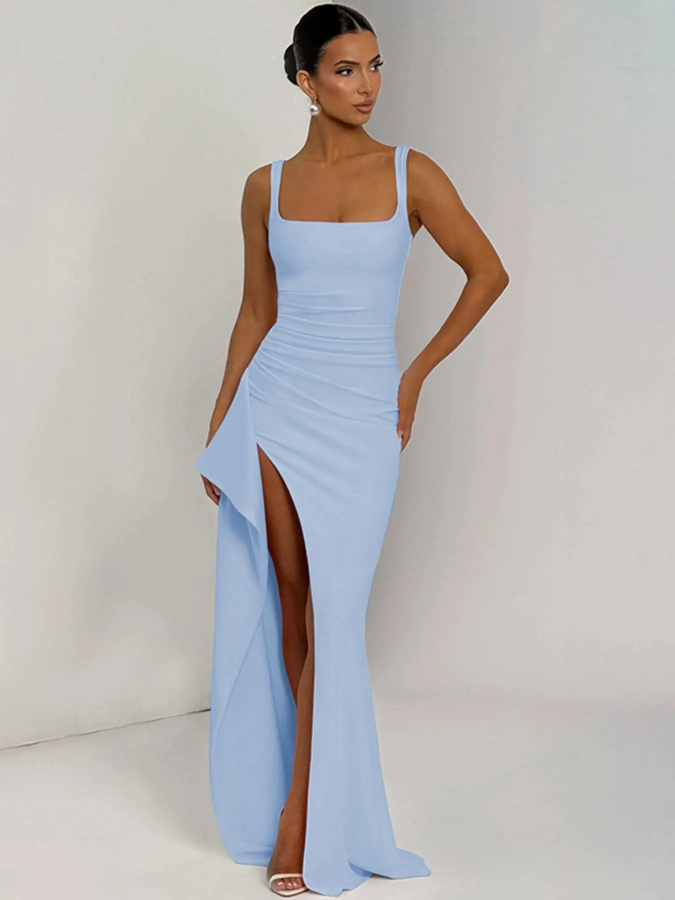Robe longue fendue unie sans dos pour femme, élégante et sexy sans manches pour soirée, boîte de nuit, rendez-vous, vêtements pour femmes toutes saisons, robe nuisette