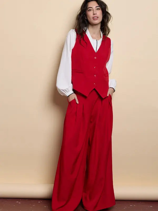 Tailleur pour femme, style décontracté, veste sans manches, pantalon ample