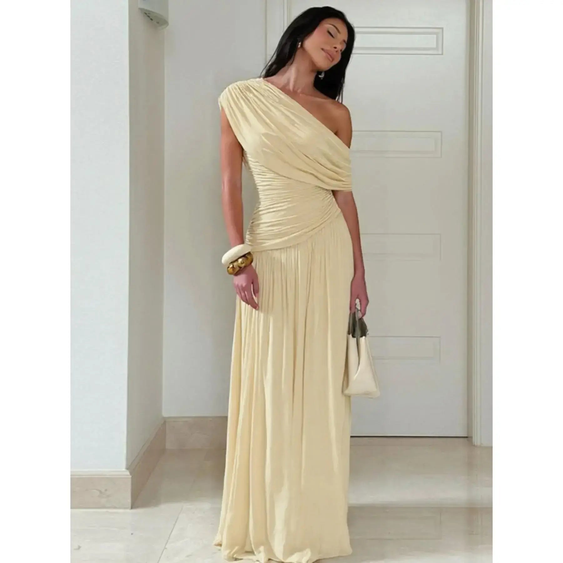 Robe unie drapée pour femme, robe de soirée élégante, vêtements d'été pour femmes, robe asymétrique drapée