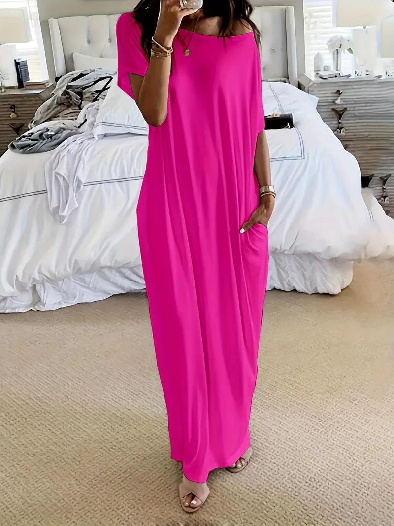 Robe de détente unie à manches chauve-souris pour femme, chemise de nuit décontractée et confortable à manches courtes pour le quotidien, vêtement de nuit pour femme pour toutes les saisons