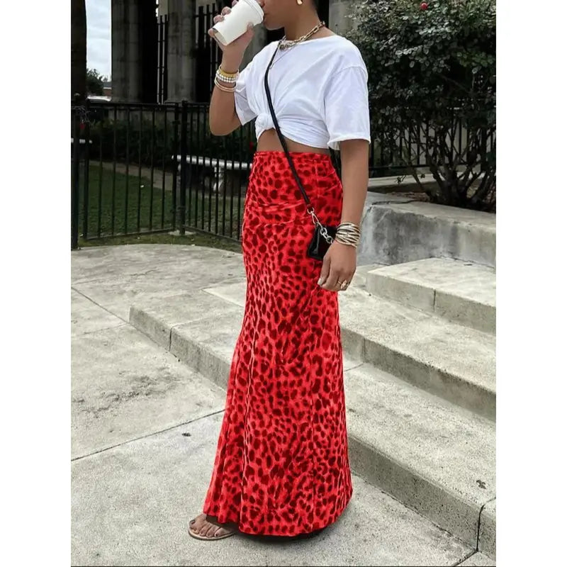 Jupe longue en maille imprimée léopard taille haute, coupe ajustée, fente, polyvalente, pour la Saint-Valentin, vêtements pour femmes à la mode