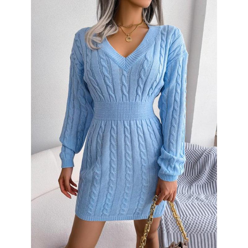 Robe pull en tricot torsadé douillet à col en V pour femme – Robe longue texturée douce à épaules tombantes pour l'automne et l'hiver