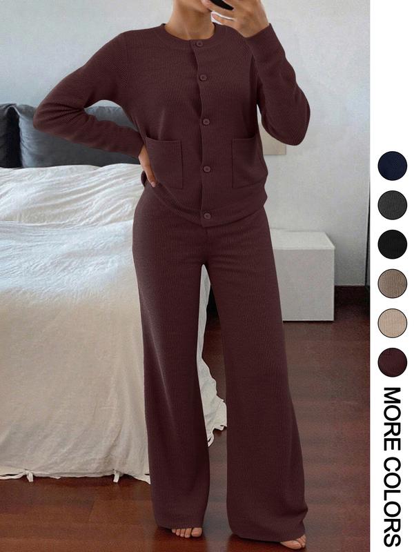 Ensemble pull tricoté à manches longues et col rond confortable et décontracté pour femme, pantalon ample polyvalent taille haute, parfait pour le quotidien