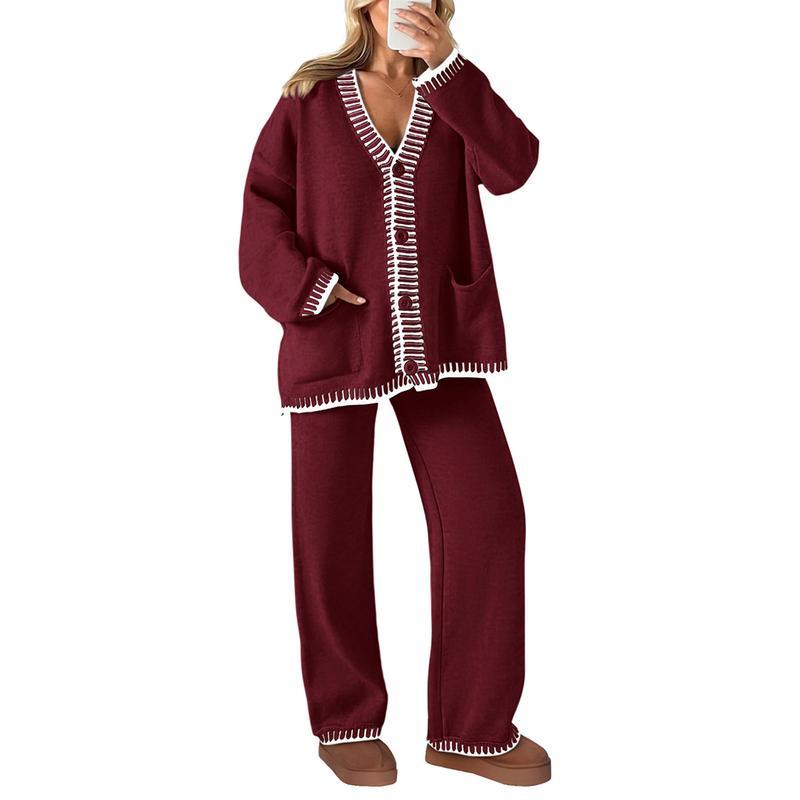 Ensemble 2 pièces tricoté pour femme, tenues d'hiver assorties, loungewear, cardigans à manches longues et col en V, pantalons amples, survêtements