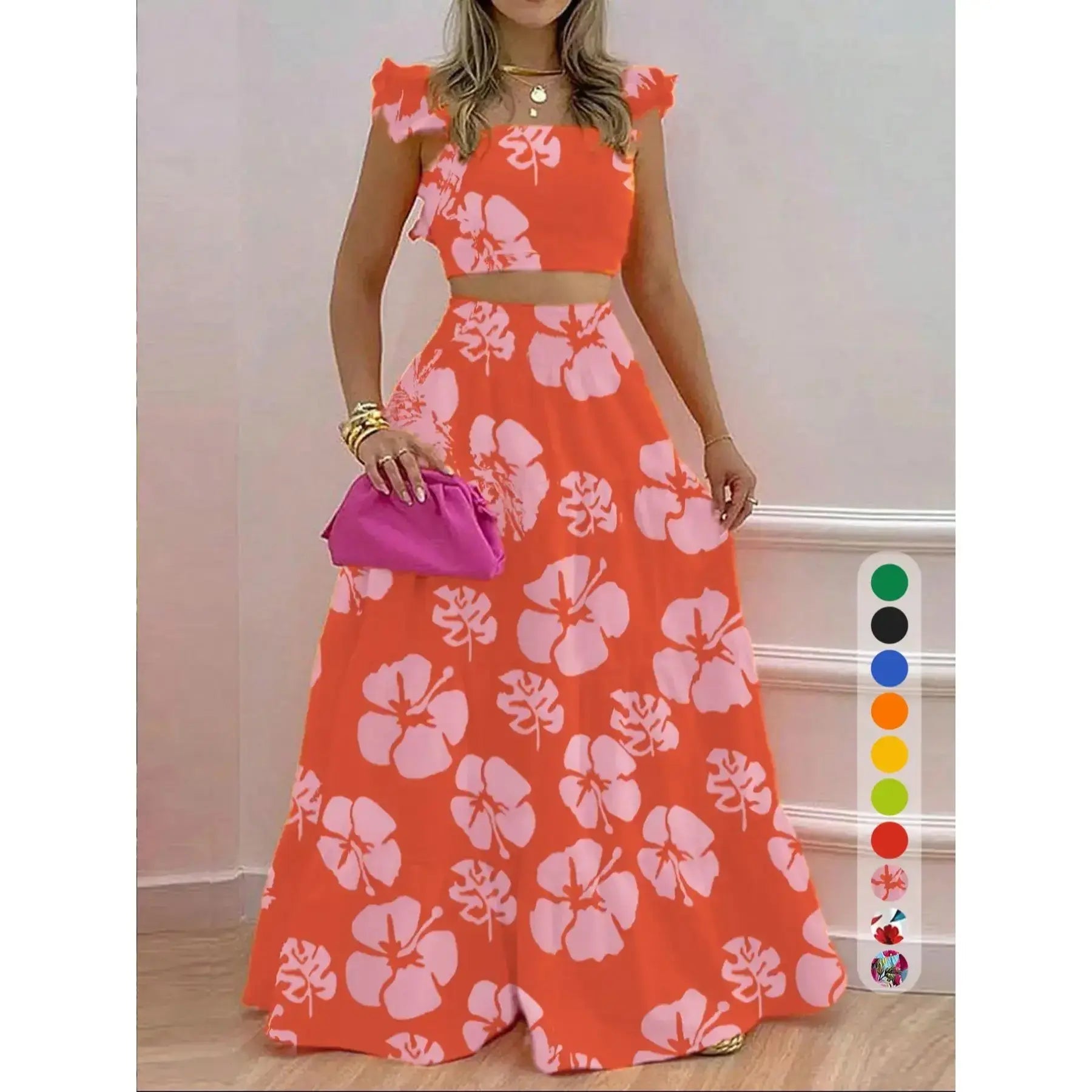 Ensemble deux pièces jupe longue et haut froncé couleur unie / imprimé floral pour femme, tenue décontractée bohème haut et jupe pour les vacances quotidiennes, pour femmes, pour l'été
