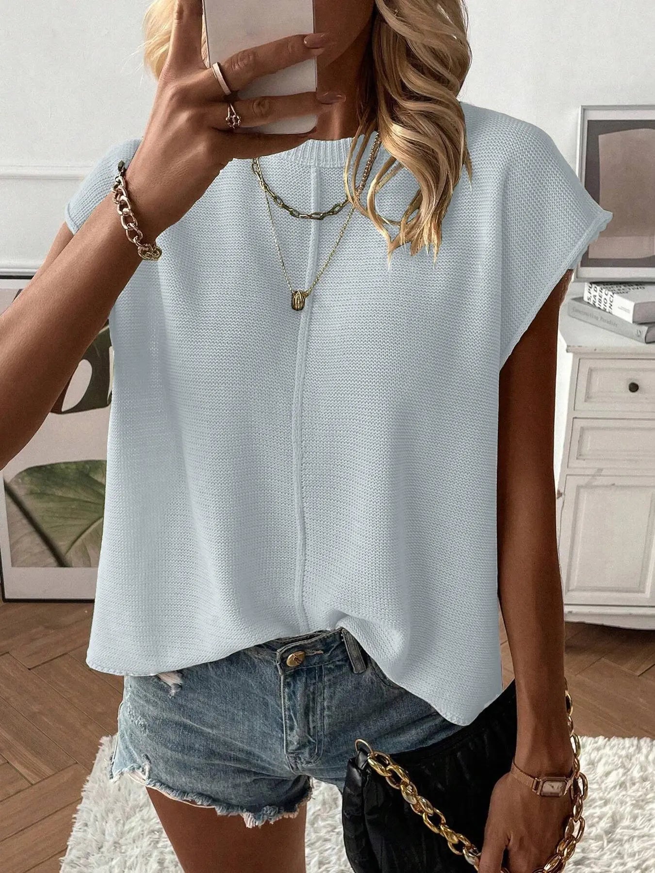 Gilet pull femme de couleur unie, haut tricoté décontracté à col rond pour l'été, tricot femme tendance pour le quotidien