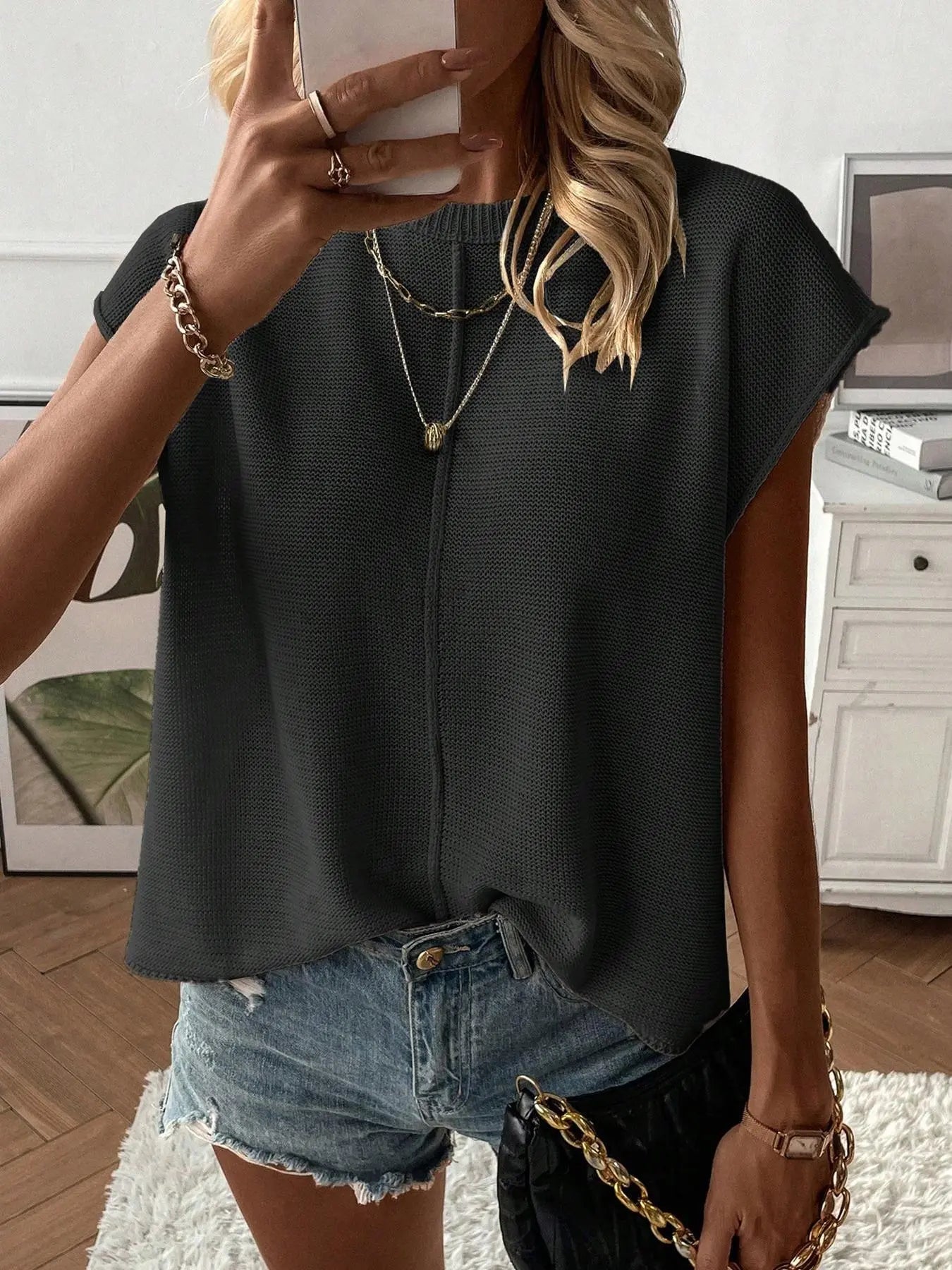 Gilet pull femme de couleur unie, haut tricoté décontracté à col rond pour l'été, tricot femme tendance pour le quotidien