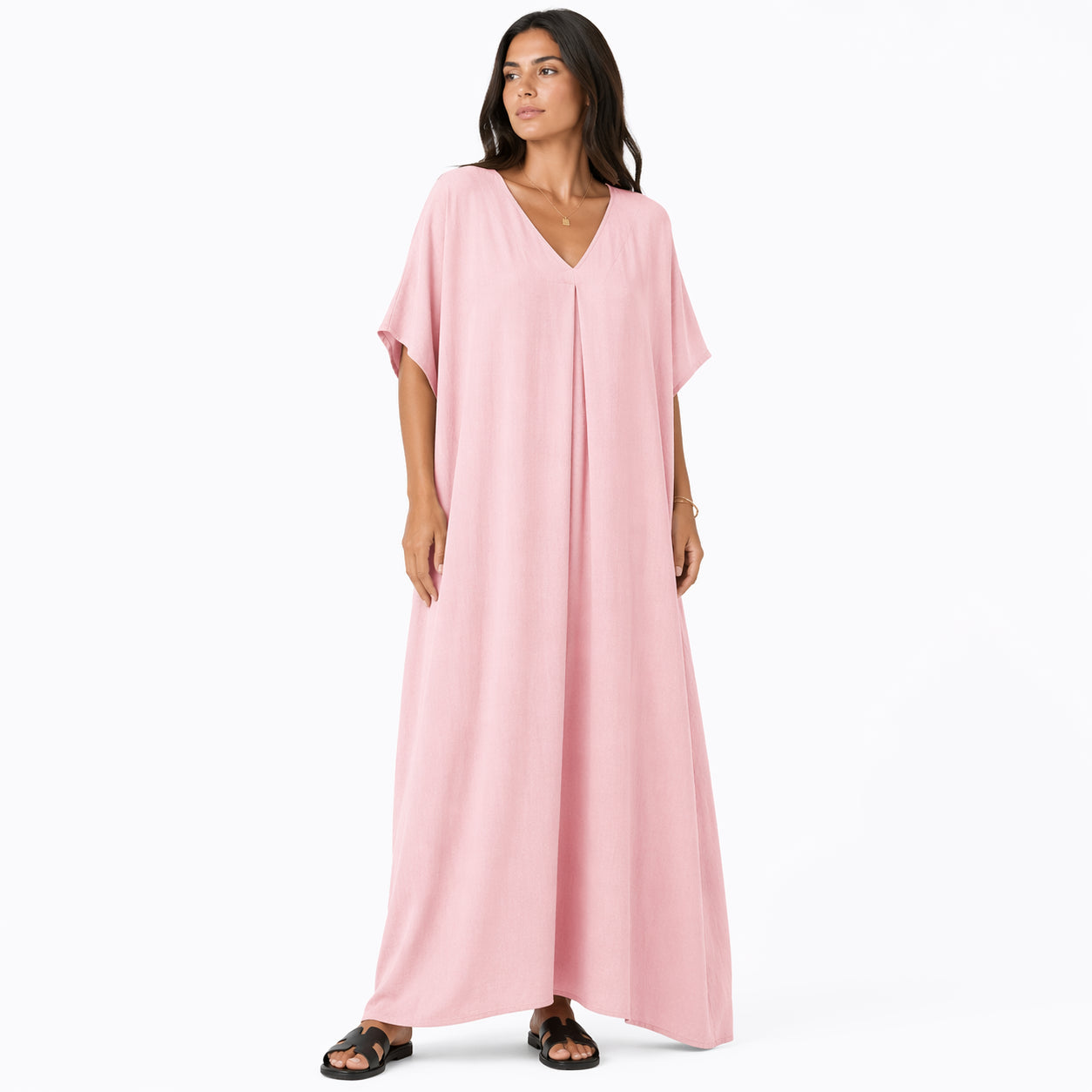 Robe longue, ample et fluide à col en V pour femme – chic et confortable pour l'été.