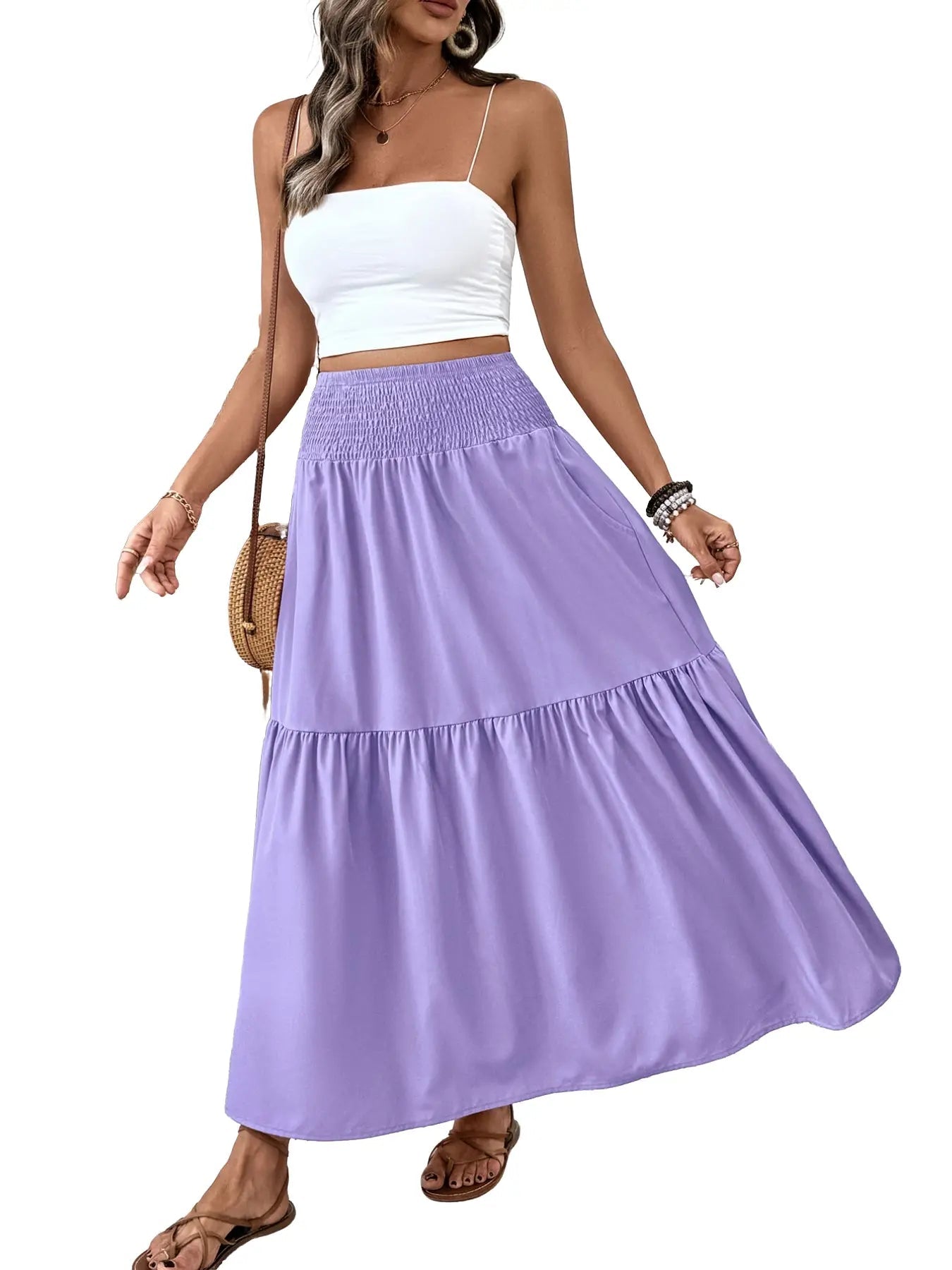 Jupe trapèze décontractée fleurie pour femme, taille élastique, poches, ourlet feuille, jupe longue ajustée, robe mi-longue tendance