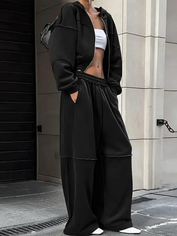 Ensemble deux pièces sweat à capuche zippé uni et pantalon taille élastique pour femme, haut décontracté à manches longues et épaules tombantes et pantalon pour l'automne et l'hiver, vêtements pour femme pour un usage quotidien