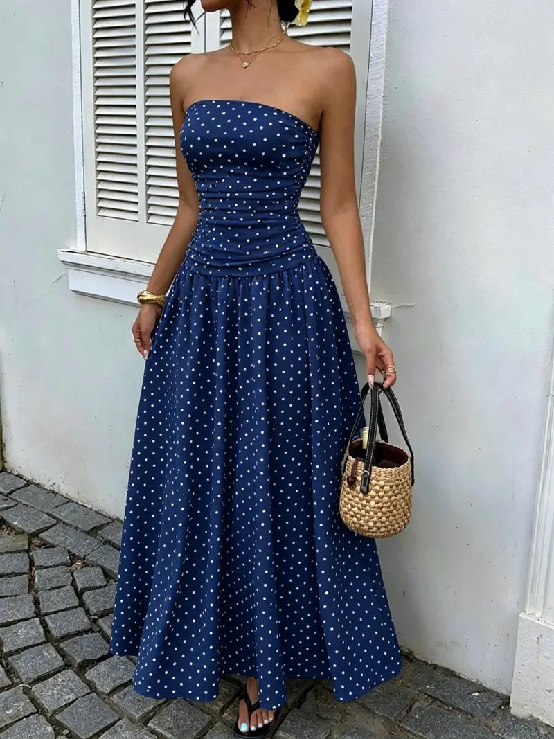 Robe longue élégante à pois sans bretelles pour femme, chic sans manches, idéale pour les fêtes et tenues décontractées, robe de soirée élégante