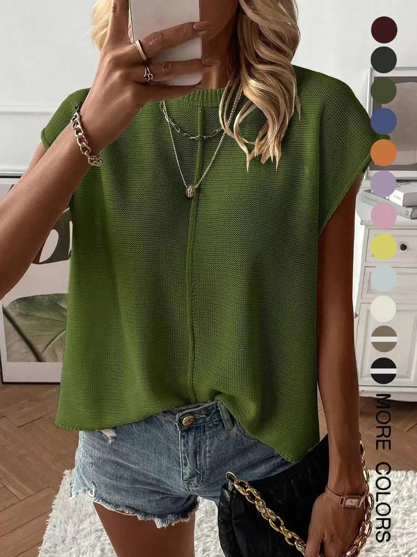 Gilet pull femme de couleur unie, haut tricoté décontracté à col rond pour l'été, tricot femme tendance pour le quotidien