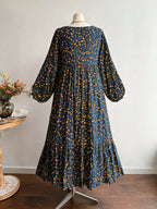 Plus Size Women's Floral Woven Dress, Fall Winter V Neck Tie Back Lace Trim Long Sleeve Maxi Dress, Casual Elegant Fashion