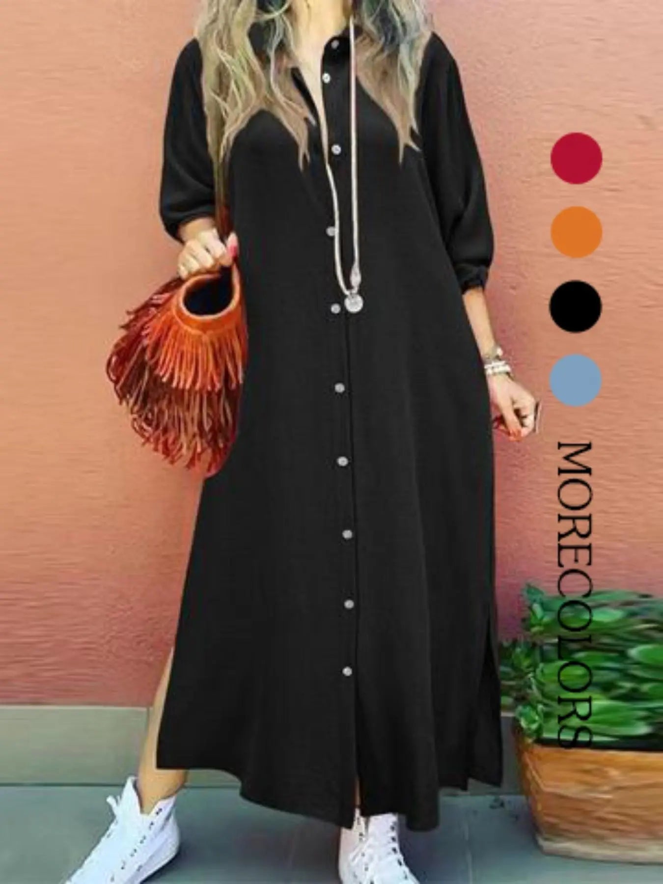 Robe longue unie à col chemise et boutons pour femme, Robe longue décontractée à col pour le quotidien et l'extérieur, Robe pour femme pour le printemps