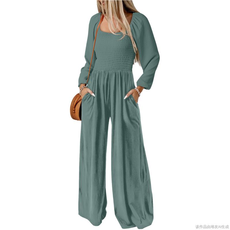 Salopette ample décontractée pour femme, combinaison une pièce à manches longues, jambes larges, pantalon long, barboteuse avec poches