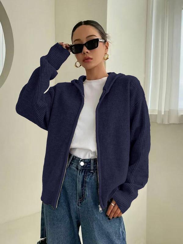 Cardigan à capuche zippé de couleur unie pour femme, en tricot décontracté à manches longues pour l'automne et l'hiver, vêtement en maille tendance pour femme pour le quotidien