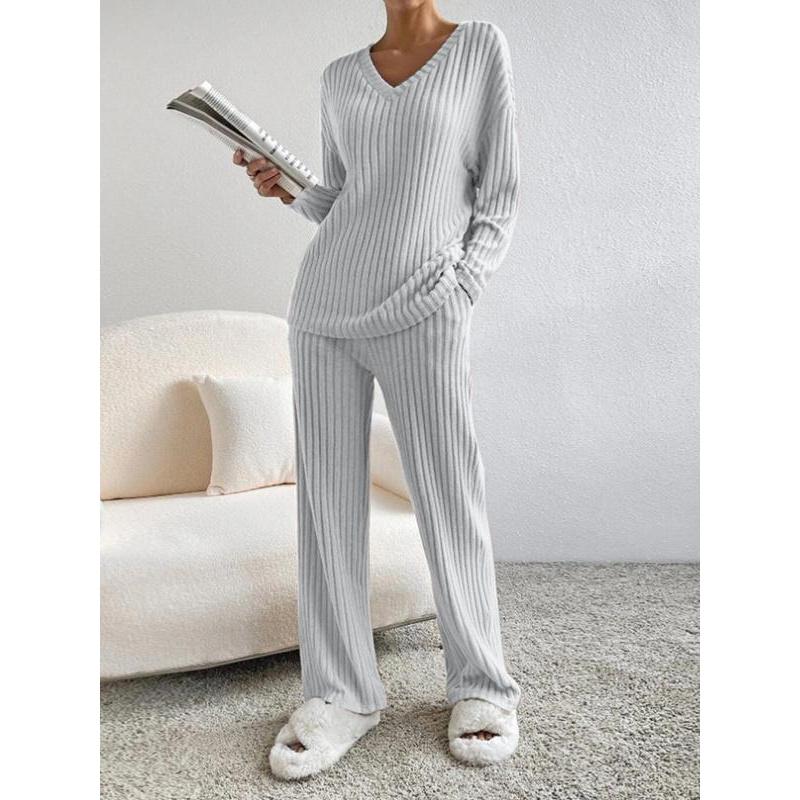 Ensemble de détente solide pour femmes avec poches et épaules tombantes, haut décontracté à manches longues et col en V et pantalon à jambes droites, ensemble deux pièces pour femmes, pyjama