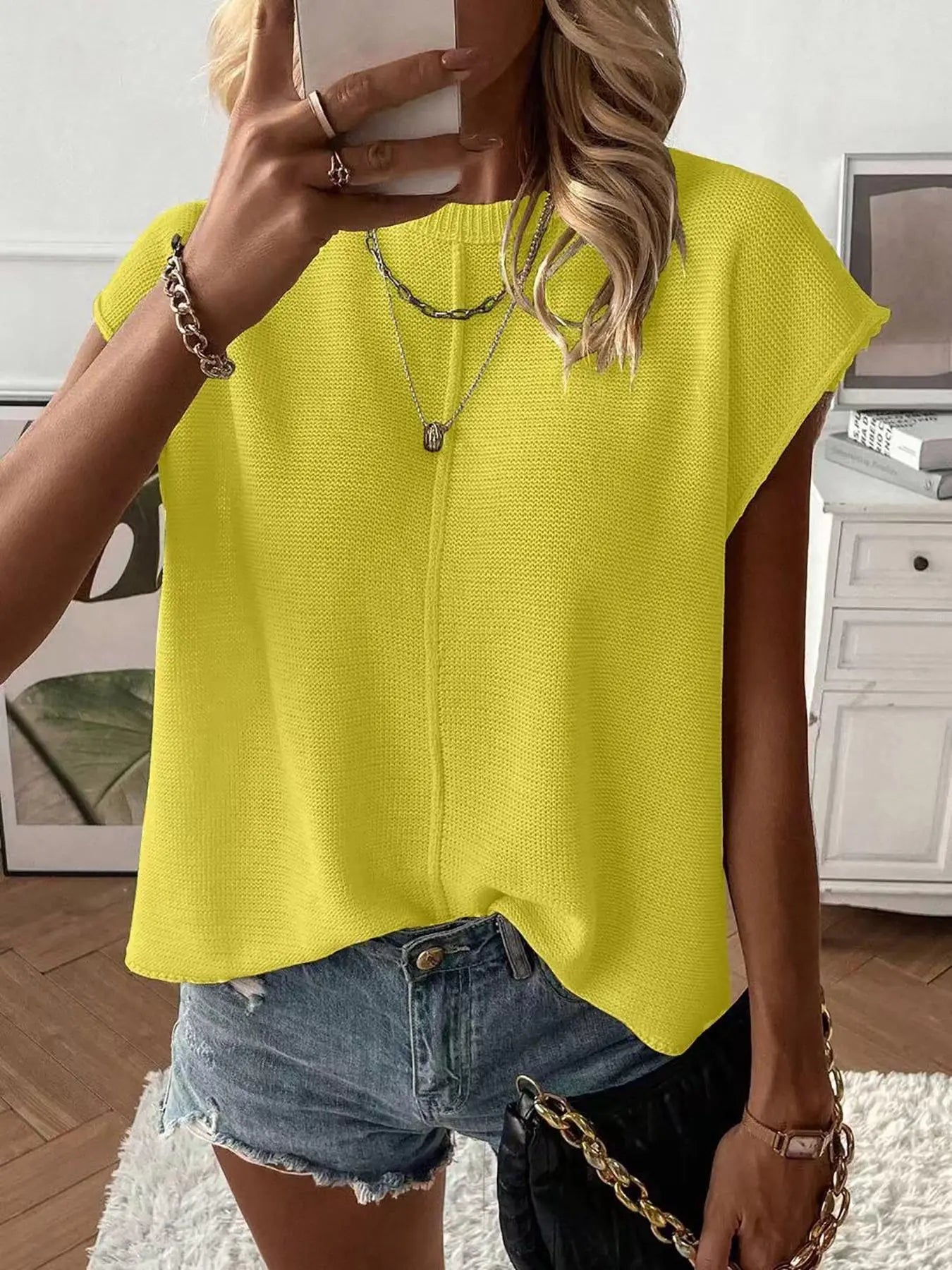 Gilet pull femme de couleur unie, haut tricoté décontracté à col rond pour l'été, tricot femme tendance pour le quotidien