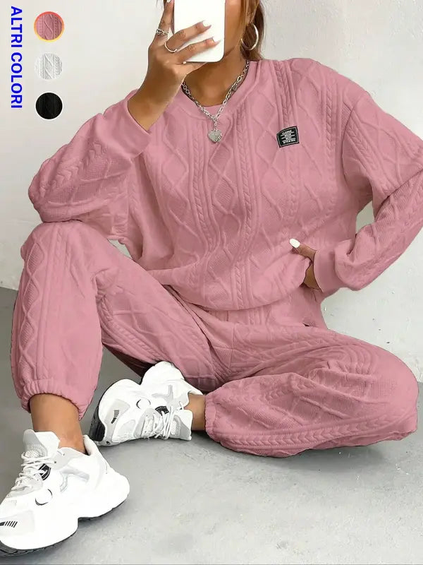 Ensemble deux pièces femme, sweat-shirt uni patchwork avec épaules tombantes et pantalon à taille élastique, survêtement décontracté et confortable avec pull à manches longues col rond et pantalon, tenues deux pièces pour femmes pour l'automne et l'hiver.