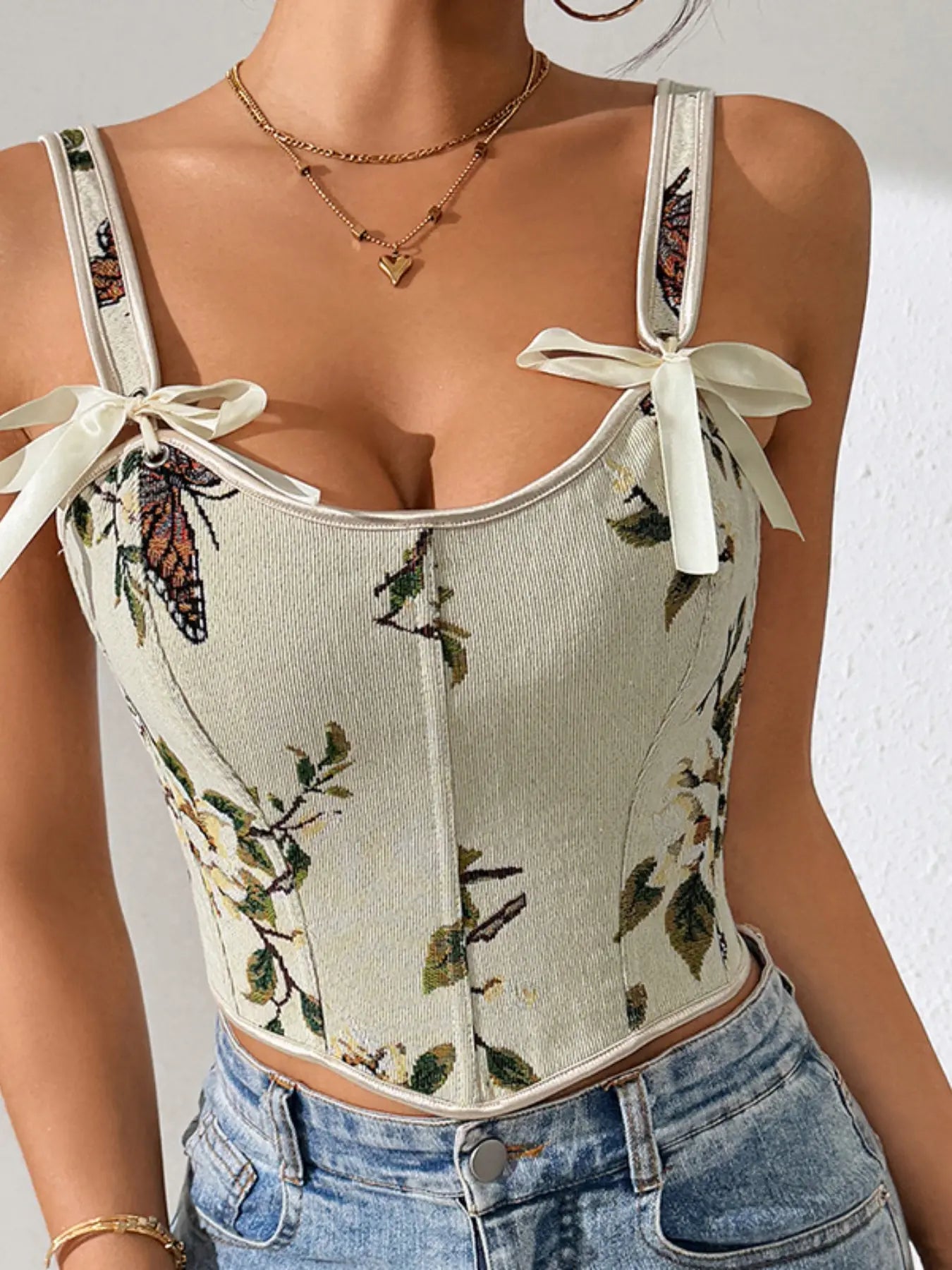 Débardeur gainant corset réglable à lacets et imprimé floral pour femme, haut gainant tendance avec nœud décoratif pour un usage quotidien, gaine amincissante pour femme