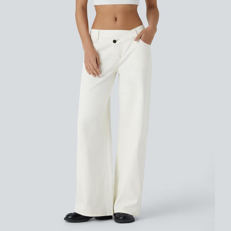 Jean décontracté baggy délavé coupe large à poches zippées asymétriques taille basse