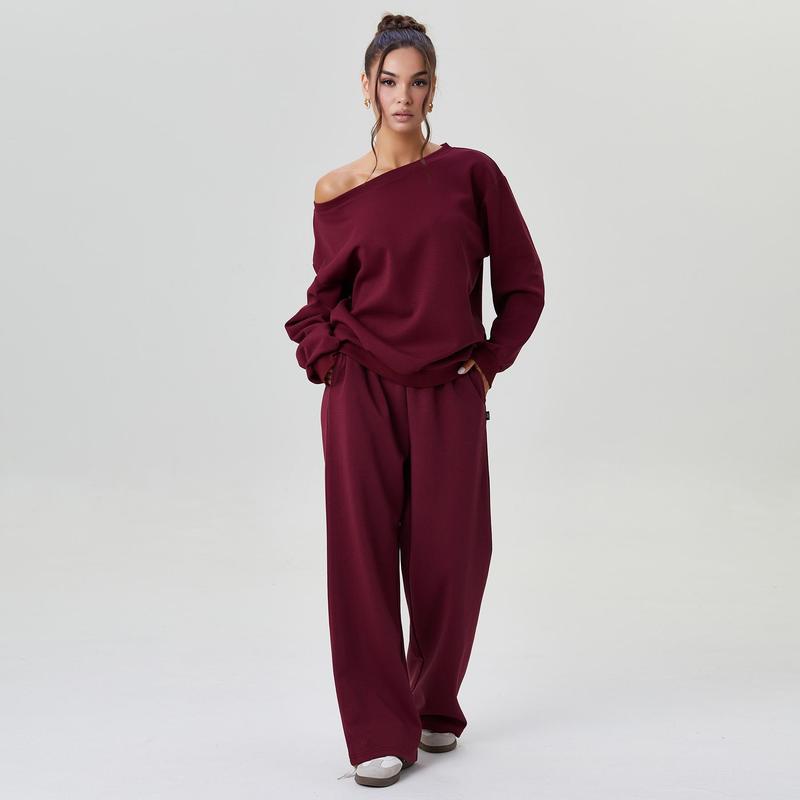 Ensemble deux pièces décontracté pour femme, couleur unie, haut à manches longues et épaule tombante, et pantalon large, confortable, décolleté rond, ample, basique.