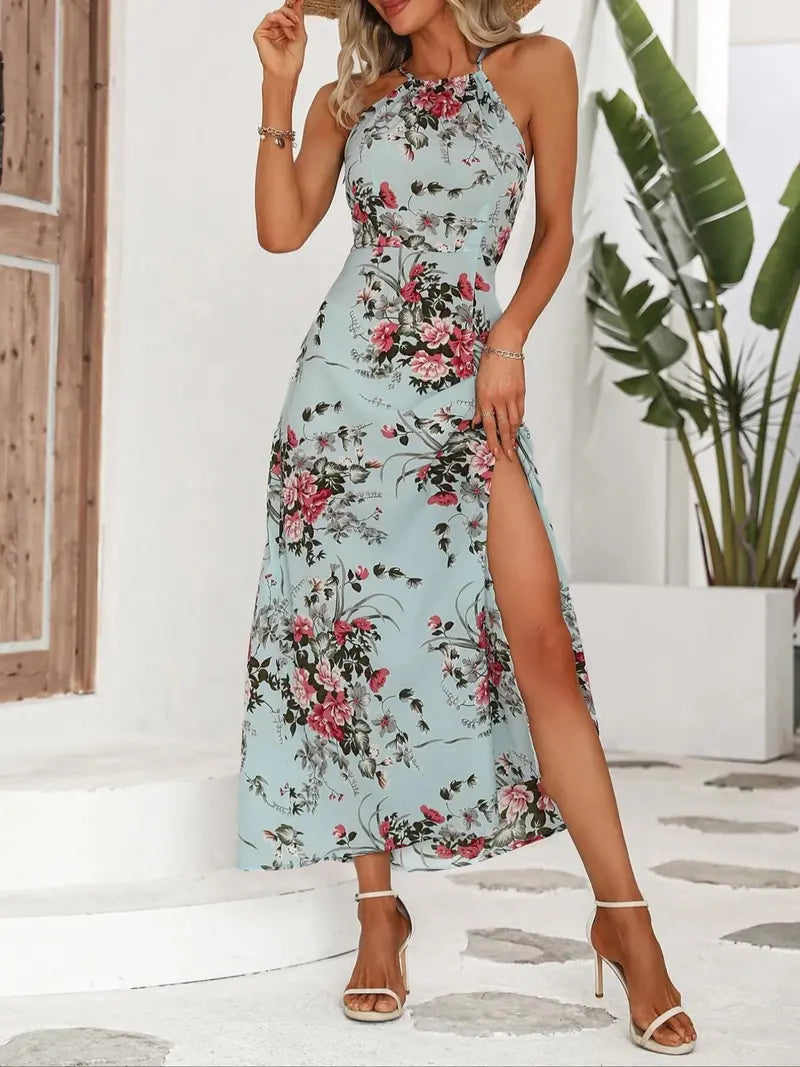 Robe longue ajustée d'été sans manches de style bohème avec dos noué, imprimé floral fendu et motif tour de cou, série élégante imprimée