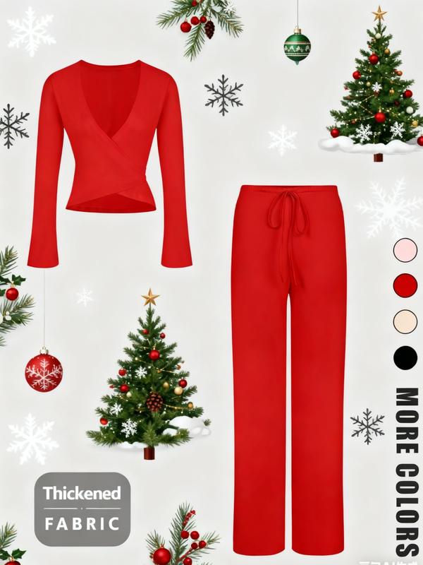 Ensemble sexy haut col en V et pantalon long tendance pour les fêtes de Noël, coupe ajustée, motif uni, style printemps-automne