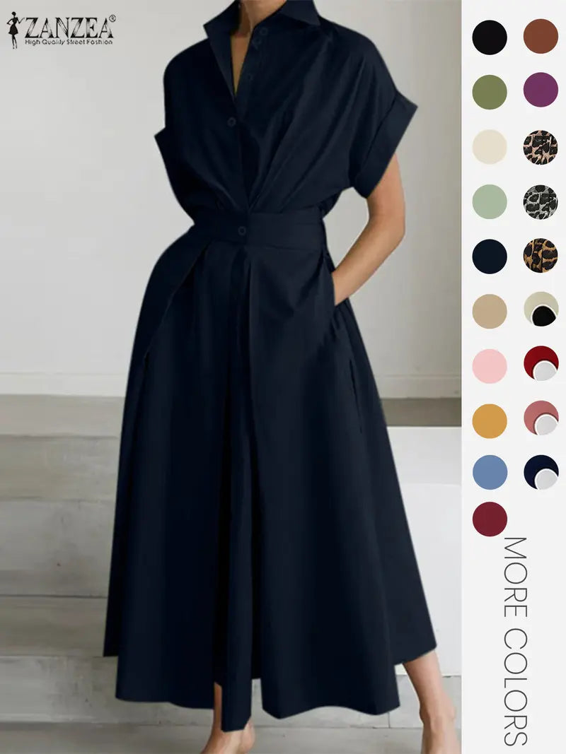 Robe unie à col pour femme, robe décontractée à manches courtes pour l'été, vêtements pour femmes pour le quotidien
