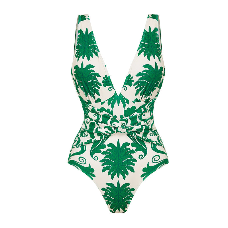 Maillot de Bain 1 Pièce Imprimé Vert Col V Noué à la Taille Gainant et Jupes ou Pantalons