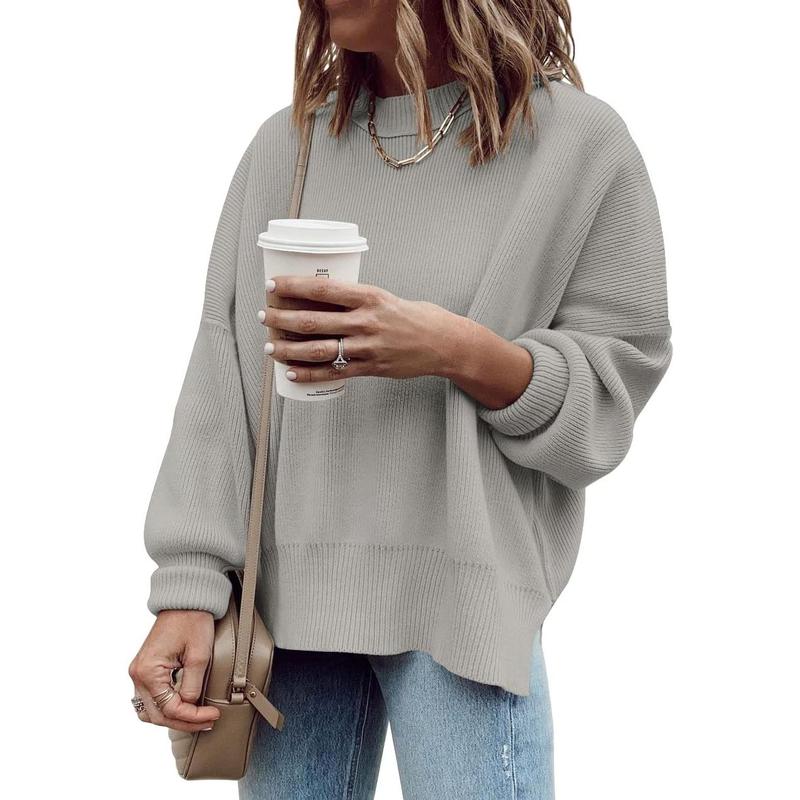 Pull Tunique Oversize Femme, Ample, Manches Longues, Tricot Côtelé, Fentes Latérales