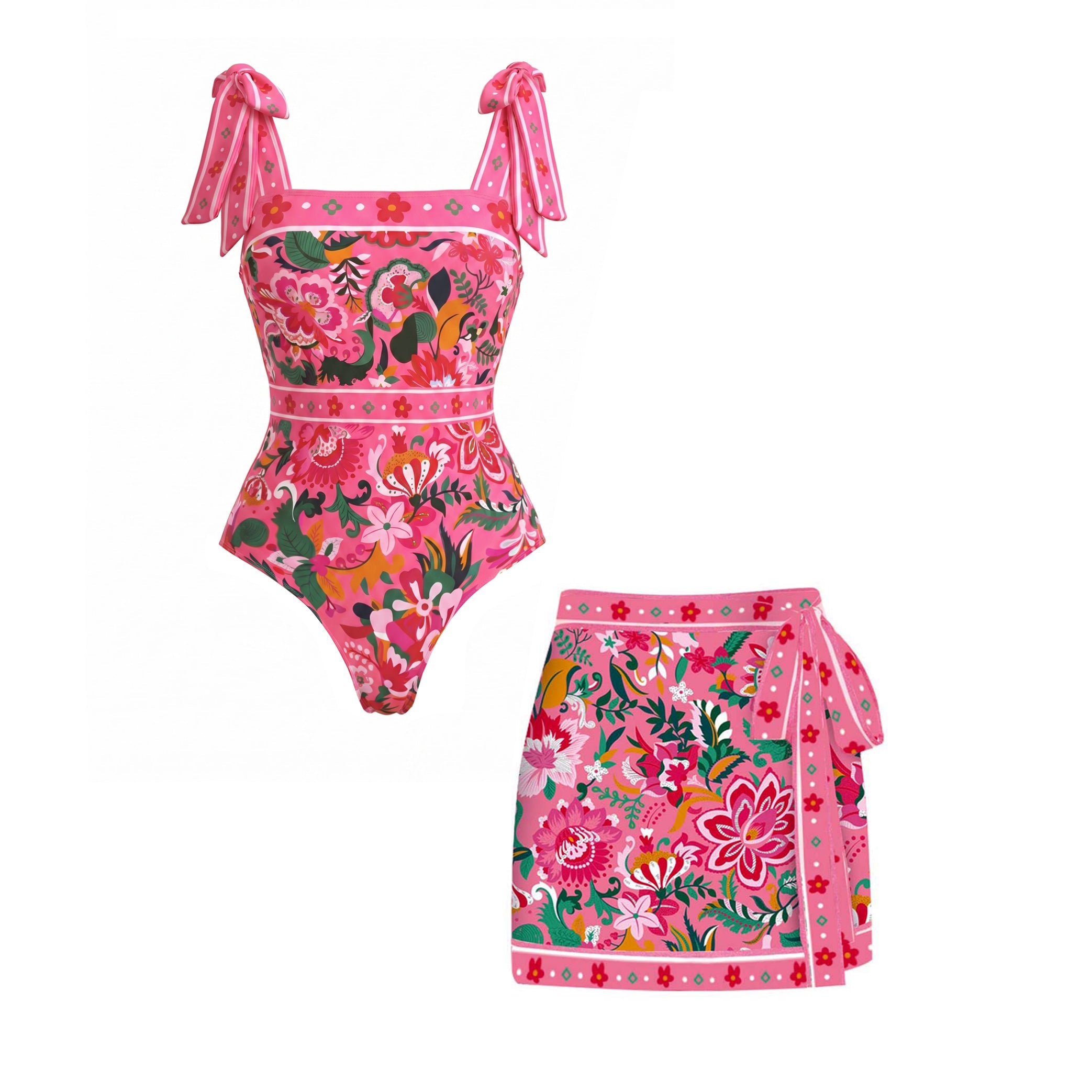 Maillot de bain et jupe une pièce imprimé floral rose Paradise
