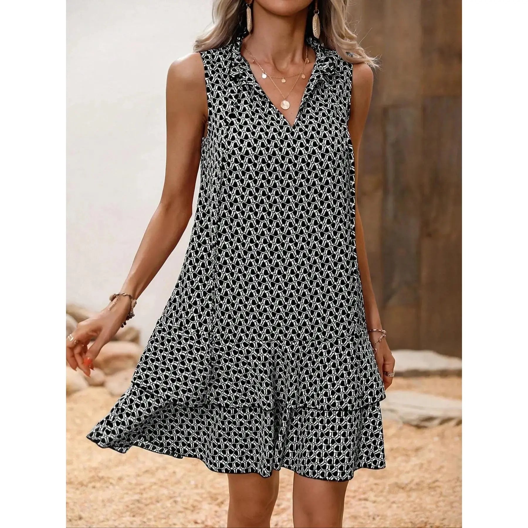 Robe Femme à Imprimé Géométrique et Nœud Papillon, Jupe Étages Superposés, Tenue Décontractée Printemps-Été, Coupe Cintrée Courte Sans Manches