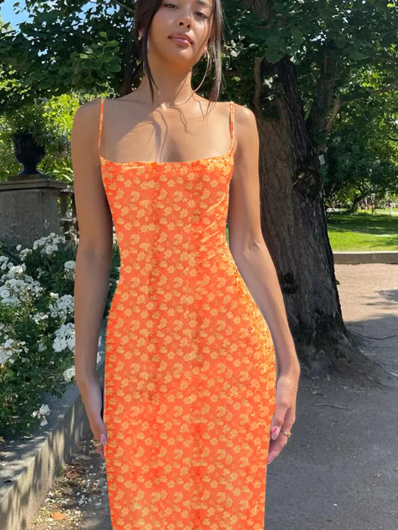 Robe longue d'été bohème sans manches à fines bretelles et dos nu à imprimé fleuri pour femme, tenue décontractée pour les vacances ou les soirées, robe de plage pour femme