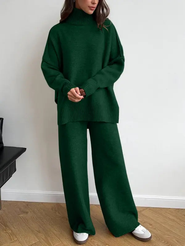 Ensemble 2 pièces pull et pantalon femme - Automne/Hiver - Col roulé, manches longues, épaules tombantes, couleur unie