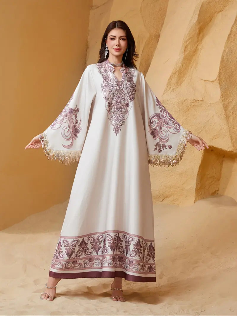 Robe longue élégante pour femme, coupe ample, imprimé ethnique, laçage, toutes saisons, parfaite pour les soirées et les événements spéciaux