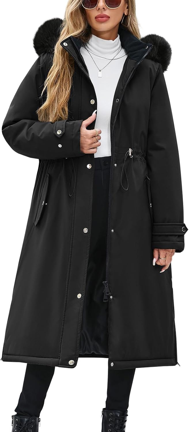 Manteaux longs pour femmes Manteaux longs chauds doublés en polaire d'hiver pour femmes, parka imperméable et coupe-vent, manteau avec fermeture éclair, boutons, cordon de serrage à la taille, avec poches et capuche amovible