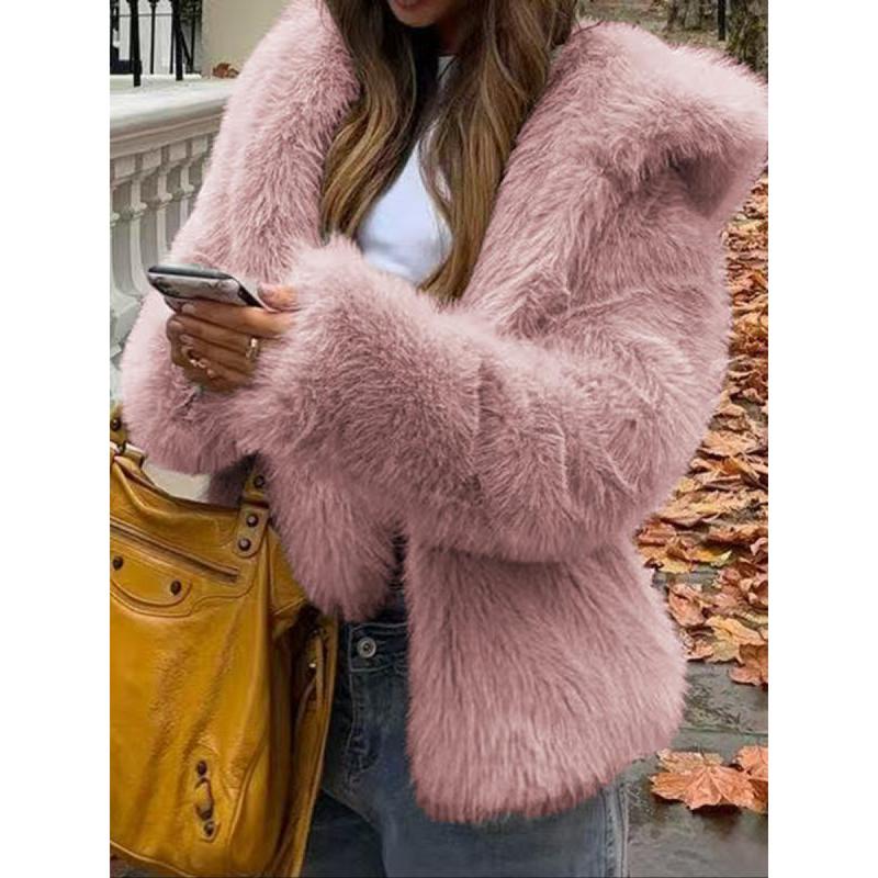 Veste à capuche en fausse fourrure décontractée pour femmes, style court, pour l'automne et l'hiver, épaisseur de tissu modérée, coupe ajustée, couleur marron café, manteau d'extérieur basique
