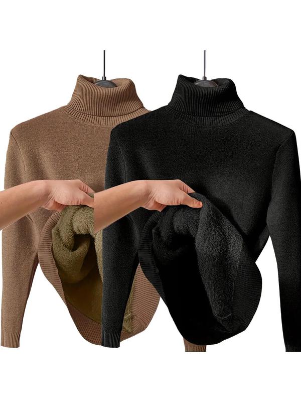 Pull en tricot uni doublé thermiquement à épaules tombantes et col montant pour femmes, pull décontracté à manches longues pour le quotidien en extérieur, haut en tricot pour femmes pour l'automne et l'hiver.