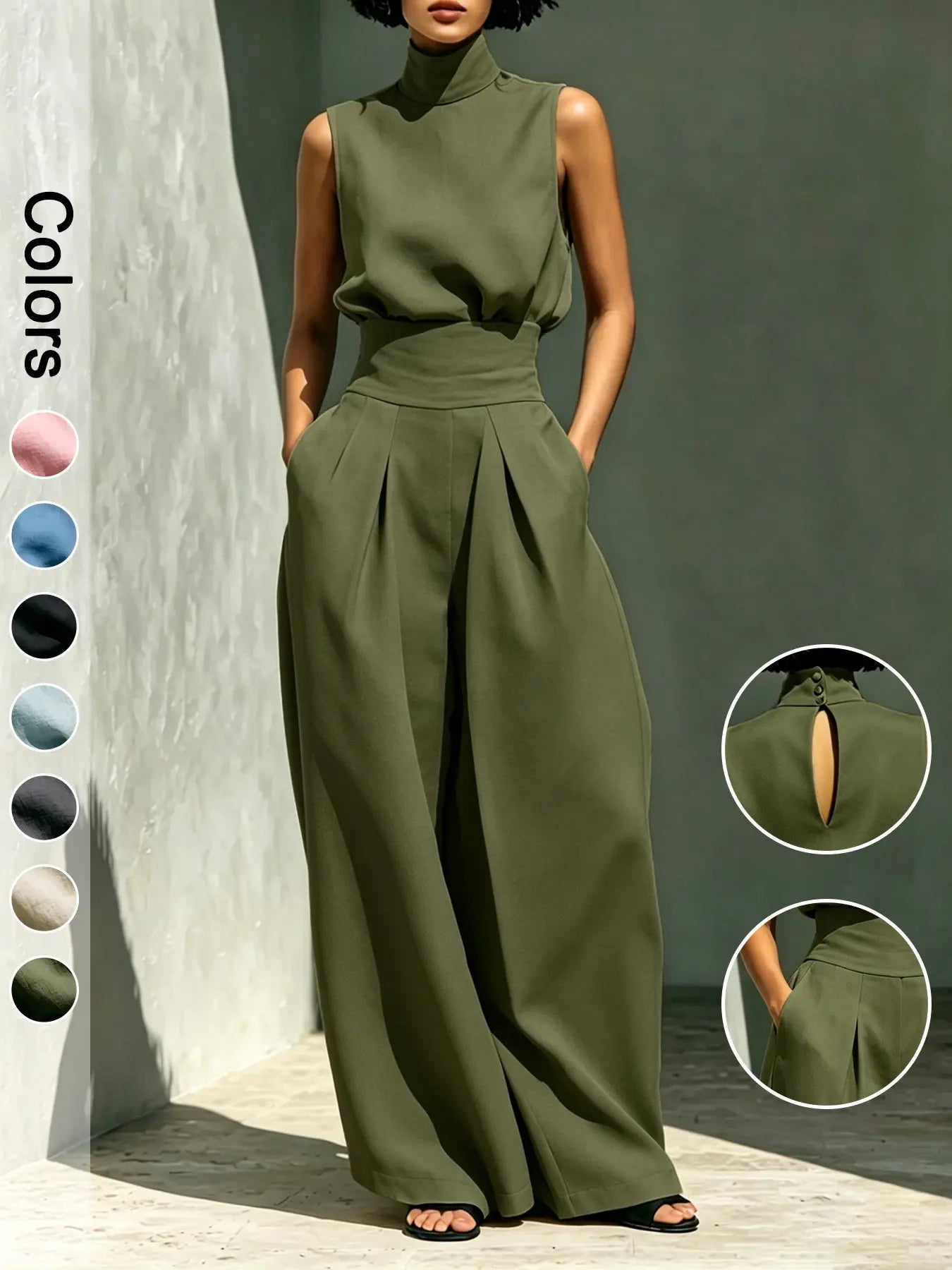 Ensemble deux pièces pour femme, haut sans manches à col montant et pantalon long, ensemble élégant avec pantalon large taille haute, tenue tendance pour femme