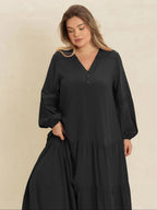 [Plus Size] Plain V-Neck Long Sleeve Maxi Dress, Boho Modest Dress for Daily Holiday Vacation Wear, Women's Plus-Size Clothing for All Seasons
