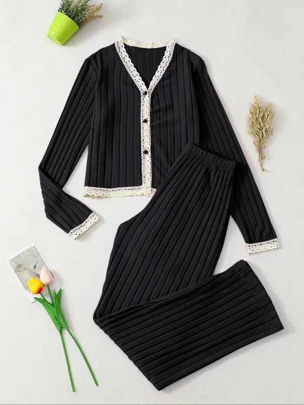 Ensemble de Pyjama Col V Manches Longues Femme, Vêtements de Nuit Ajustés Décontractés pour Toutes les Saisons, Tenue d'Intérieur Élégante, Nouveauté 2 Pièces