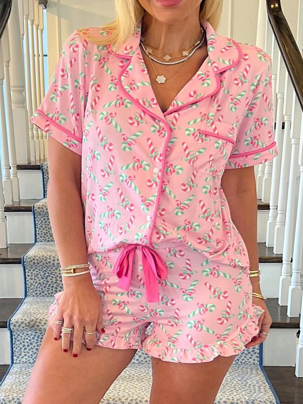 Ensemble pyjama court à manches courtes avec 2 pièces de cannes de Noël imprimées pour femmes, avec boutons, cols et nœuds, adapté pour un port confortable et décontracté à la maison en toutes saisons